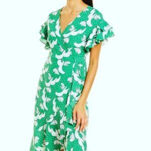 Max Studio wrap dress. Green and white floral. Asymmetric hem. XS.